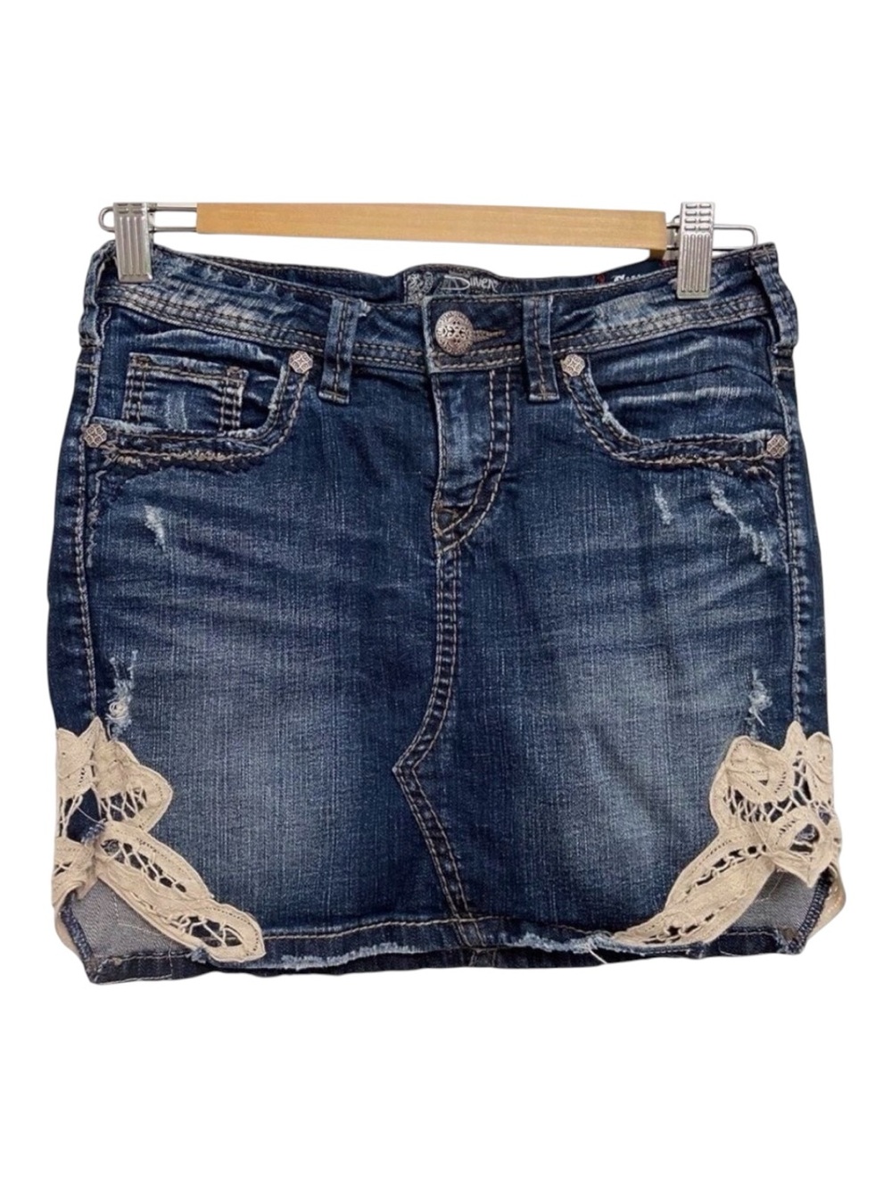 Silver Jeans Francy Denim Mini Skirt Lace Appliqué Distressed Western W25